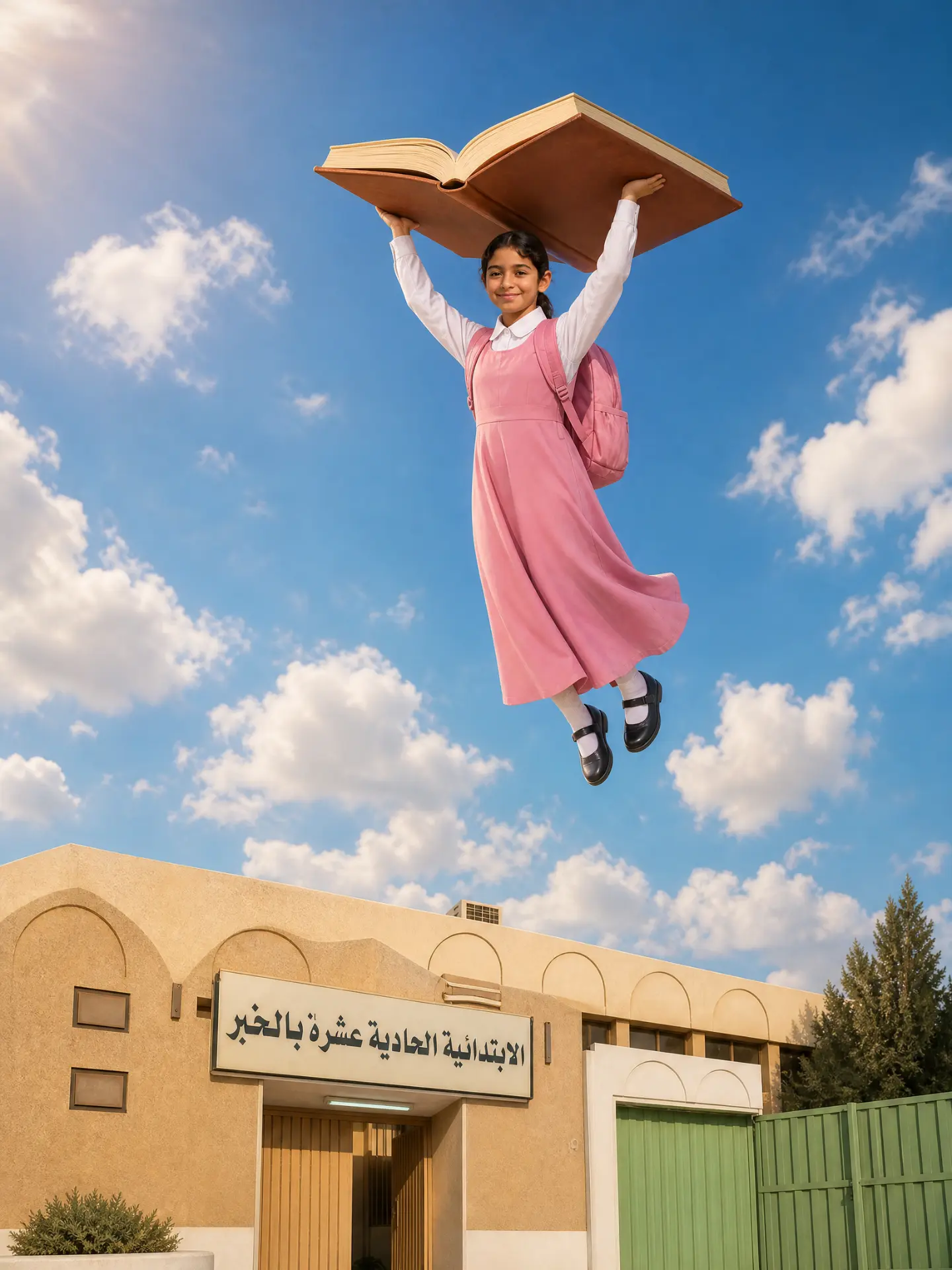 طالبة تحمل كتابًا فوق مدرستها